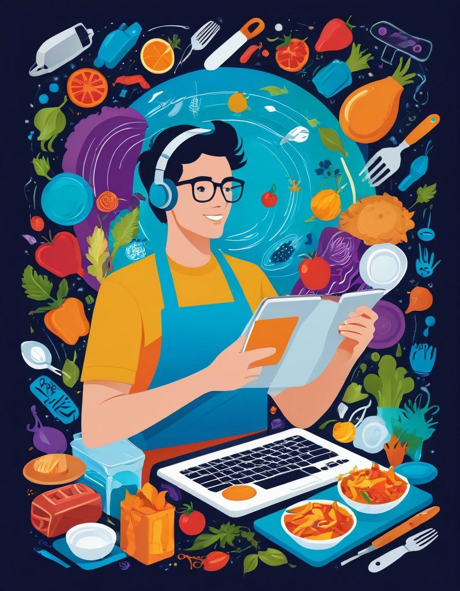 A vibrant illustration depicting a tech enthusiast exploring a culinary landscape. Half of the image showcases high-tech gadgets and reviews, while the other half features an array of delicious dishes and cooking tools. A roadmap connects both worlds, symbolizing the journey of a blogger. The color palette is rich and engaging, emphasizing creativity. vector art. vibrant colors. dynamic composition.
