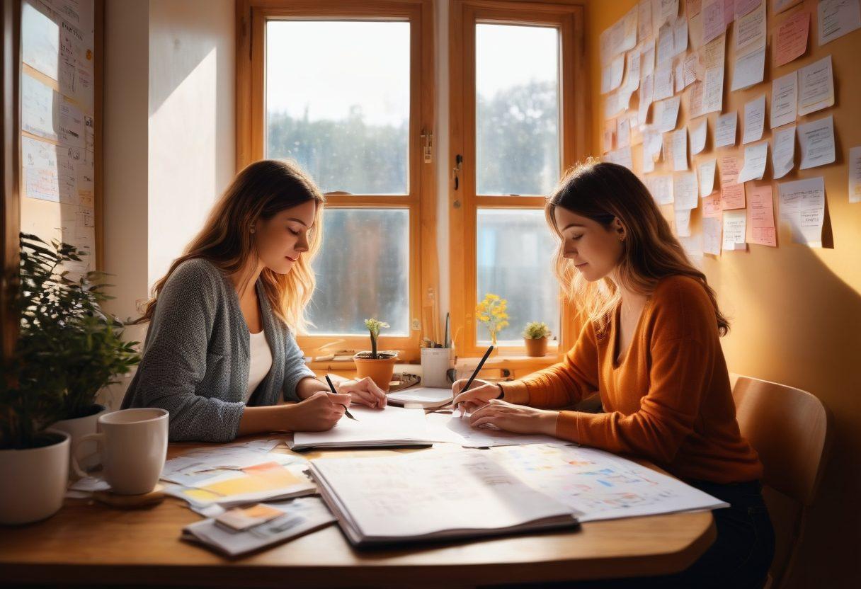 A vibrant scene depicting a person passionately writing in a cozy corner, surrounded by colorful notes and sketches about niche blogging and SEO strategies. The background features a wall filled with inspirational quotes and charts representing creative growth and success. Sunlight streams in through a window, illuminating a cup of coffee and a laptop on a wooden desk. The atmosphere should be warm and inviting to inspire creativity. super-realistic. vibrant colors. cozy ambiance.